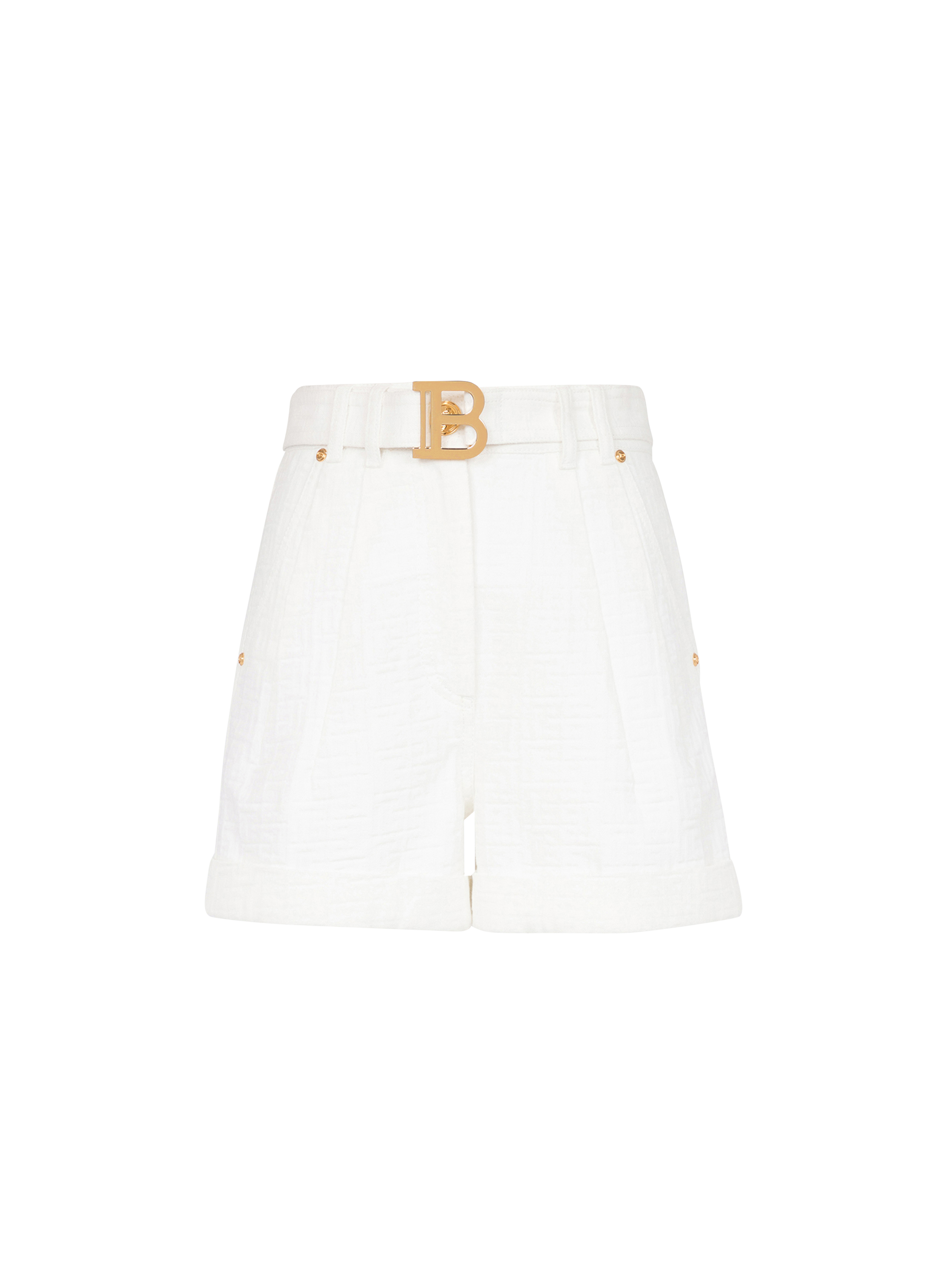 Denim high-waisted shorts with Balmain buckle, white